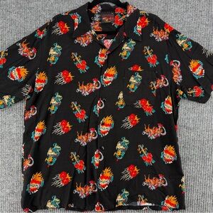 Kennington Red Dragon Y2K Tattoo Print Button Up Shirt Black XL Rockabilly